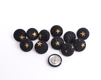 Black and Gold Star Fabric Button Push Pin Set, Decorative Thumb Tacks, Galaxy Night Sky Bulletin Board Corkboard and Cubicle Tacks