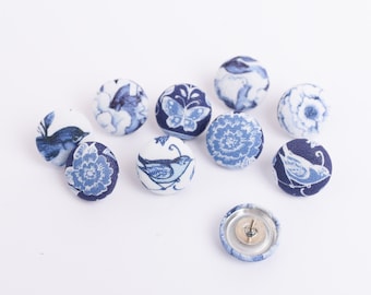 Chinoiserie Push Pins, Japanese Fabric Button Thumb Tacks, Blue and White Floral Bird Butterfly Assorted Prints, Pretty Office Supplies