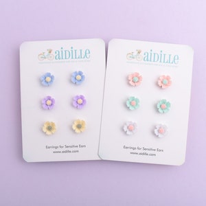 Resin Flower Stud Earring Trio: 10mm Titanium Posts, Hypoallergenic