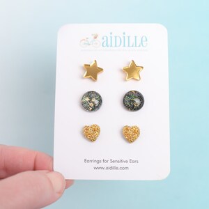 Green and Gold Earring Set,  Titanium Studs, Acrylic Gold Star, Resin Glitter Circle Studs, Druzy Mini Heart Earring Trio Set