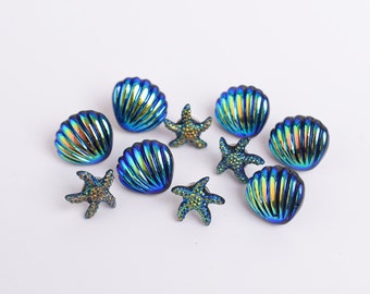 Seashell and Starfish Push Pins, Iridescent Shell and Sea Star Thumb Tacks, Oil Slick Color, Pretty Corkboard Pins for Nautical Decor