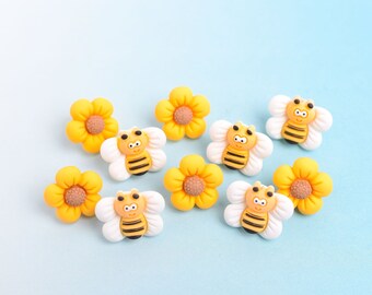 Flower and Bee Magnets OR Push Pins, Set of 10, Floral Resin Floral Thumb Tacks for Corkboards, Cartoon Spring Home Office Decor