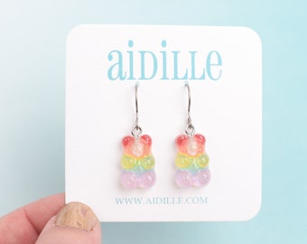 Rainbow Gummy Bear Dangles, Titanium Eair Wires for Sensitive Ears, Cute and Colorful Nickel Free Girls Earrings