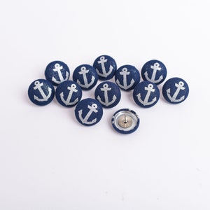 Navy and Silver Anchor Fabric Button Push Pins, Set of 12 Decorative Thumb Tacks, Nautical Beach Bulletin Board Corkboard and Cubicle Tacks