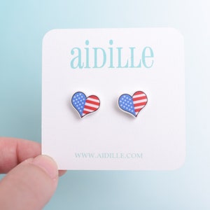 Patriotic Heart Stud Earrings: Red White Blue American Flag, Titanium