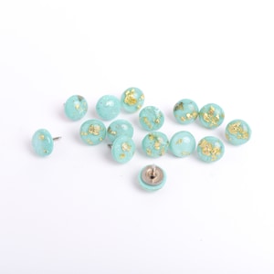 Gold Flecked Resin Push Pins, Green Blue Corkboard Thumb Tacks, Set of 15