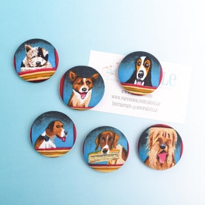 Dog Fabric Button Magnets: City Pups Refrigerator Decor, Set of 6