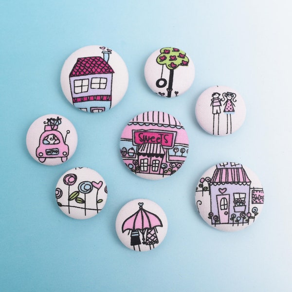 Fabric Button Magnets, Set of 8 Assorted Bistro Cafe Sidewalk Scene Refrigerator Magnets, Pretty Novelty Whiteboard Magnets