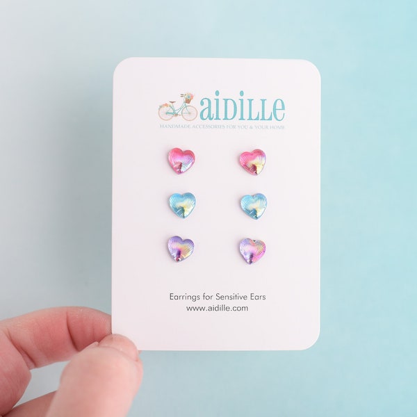 Shimmer Mini Heart Earring Trio, Pink Purple and Blue 8mm Shell Titanium Studs for Sensitive Ears, Simple Lightweight Earrings Girls Women