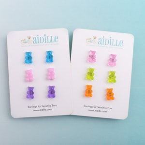 Mini Gummy Bear Earring Trio, Little Candy Bear Girls Titanium Posts for Sensitive Ears, Birthday Party Favor