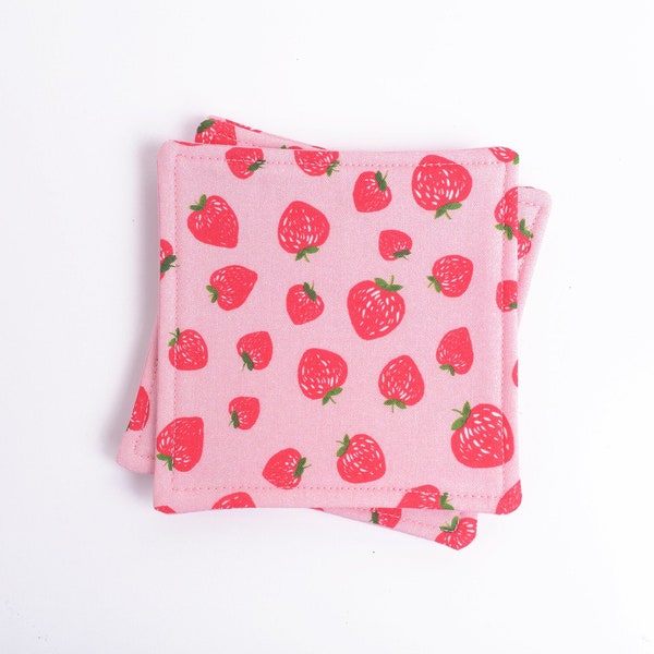 Strawberry Fabric Coasters, Fruit Cloth Drink Coaster Set of 4, 100% Cotton, Spring Dining Decor