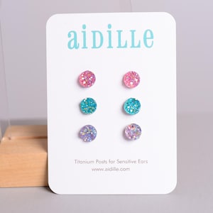 Pastel Faux Druzy Earrings Trio: 8mm Titanium Studs, Sensitive Ears