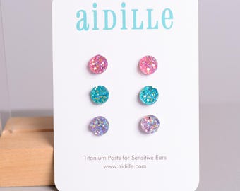 Pastel Faux Druzy Earrings Trio: 8mm Titanium Studs, Sensitive Ears