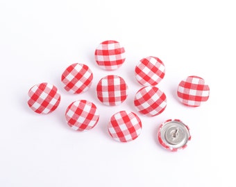 Red Gingham Fabric Button Push Pins: Farmhouse Thumb Tacks, Set of 10