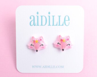Large Pink Fox Earrings: Glitter Resin Titanium Studs