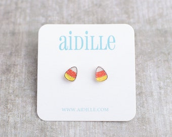Mini Candy Corn Earrings, Cute Glitter Acrylic Fall Halloween Titanium Studs, Girls Autumn Novelty Hypoallergenic Earrings