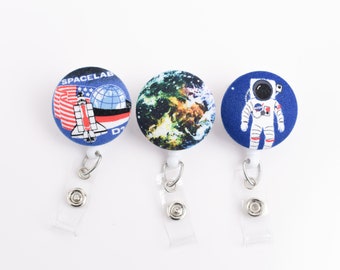 Space Badge Reel / Choose NASA Patch Astronaut or Outer Space Print / Retractable Name ID Badge with Alligator Clip / Science Teacher Gift