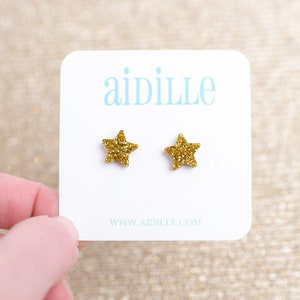 Glitter Gold Star Earrings, Acrylic Titanium Studs for Sensitive Ears