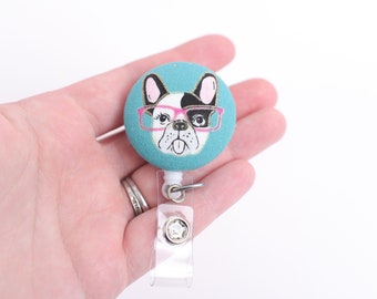 Boston Terrier Badge Reel, Dog Retractable Badge ID Holder, Fabric Handmade Button Alligator Clip, Sassy Animal Name holder, Dog Lover Gift