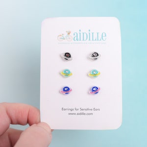 Mini Planet Stud Earrings Trio: Resin Space Earrings, Titanium Posts