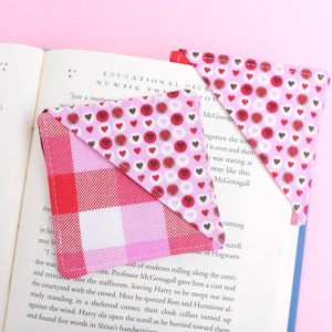 ONE Valentines Day Bookmark, Fabric Corner Bookmark, Pink Plaid and Hearts Handmade Cloth Bookworm Gift, I Love You Girlfriend Gift