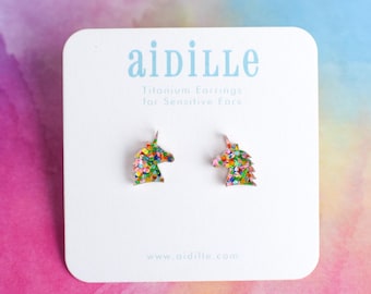 Confetti Acrylic Rainbow Unicorn Earrings with Titanium Posts for Sensitive Ears