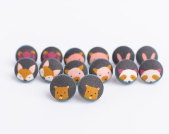 Woodland Animal Fabric Button Earrings: Titanium Posts, Sensitive Ears