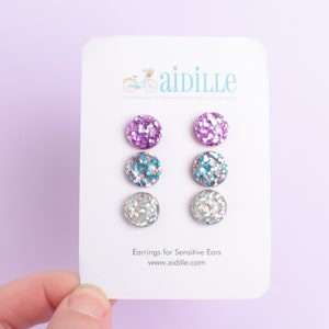 Confetti Glitter Earring Set,  Titanium Stud Set, Resin Multi Pack Earrings, Little Sparkly 12mm Circles, Silver Multi Purple