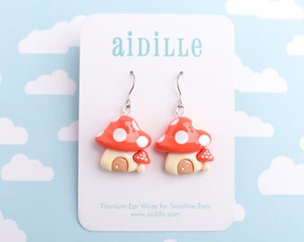 Whimsical Mushroom House Dangle Earrings with Titanium Posts for Sensitive Ears