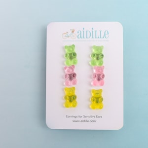 Gummy Bear Stud Earrings Trio: Colorful Candy Titanium Posts