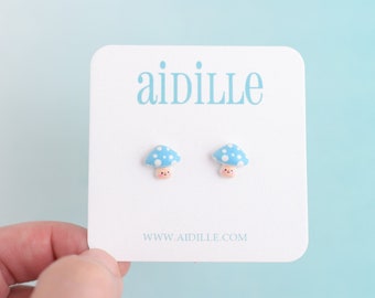 Blue Mushroom Earrings: Resin Titanium Studs for Sensitive Ears