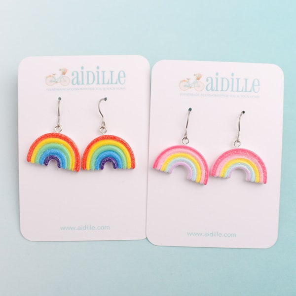 FLAWED Sale Glitter Rainbow Dangle Earrings, Choose Primary or Pastel, Acrylic Titanium Nickel Free Ear Wires for Sensitive Ears