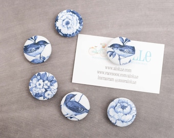 Chinoiserie Magnets, Set of 6 Pretty Floral Fabric Wrapped Button Refrigerator Magnets, 1 1/8" Size, Japanese Blue Blue and White Prints