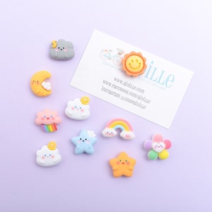 Cute Celestial Magnets, Set of 10, Resin Sun Rainbow Star Moon Clouds, Whimsical Refrigerator or Cubicle Decor
