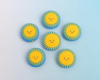 Happy Sun Magnets, Set of 6 Kawaii Sunshine Fabric Button Refrigerator Magnets, 1 1/8" Size, You are My Sunshine