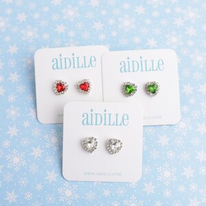 Sparkly Christmas Rhinestone Heart Earrings, Choose Red Diamond or Green Gem Titanium Studs,  Earrings for Sensitive Ears, Prom Bridesmaid