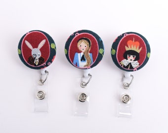 Alice In Wonderland Badge Reel, Fabric Button Retractable ID Holder