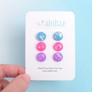 Silver Foil Earring Set,  Titanium Studs, Colorful Resin Multi Pack Earrings, 12mm Circle Stud Set, Sensitive Ear Posts