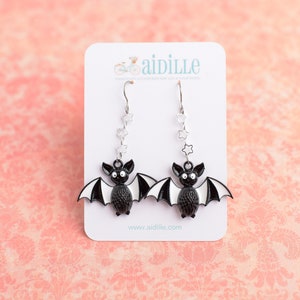Bat Halloween Earrings, Black and White Enamel Titanium Ear Wires, Hypoallergenic for Sensitive Ears
