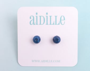 Mini Blueberry Earrings, 8mm Tiny Realistic Fruit Titanium  Studs, Hypoallergenic for Sensitive Ears