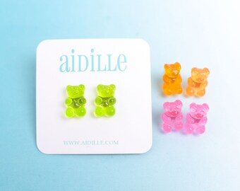 Gummy Bear Earrings, Resin Candy Titanium Studs, Choose Your Color Pink Lime Orange Blue Yellow, Girls Party Favor or Easter Basket Stuffer