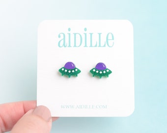 Acrylic UFO Earrings, Spaceship Titanium Posts for Sensitive Ears, Conspiracy Theorist Gift