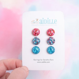 Confetti Glitter Earring Set,  Titanium Studs, Resin Multi Pack Earrings, Little 12mm Circle Sparkly Stud Set, Teal Silver Pink