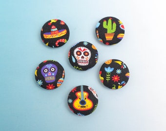 Day of the Dead Magnets, Set of 6 Mexican Skull Fabric Wrapped Button Refrigerator Magnets, 1 1/8" Size, Dia De Los Muertos Decor