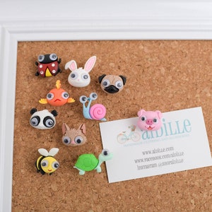 Set of 10 Animal Push Pins / Decorative Thumb Tacks / Googly Eye Kawaii Theme / Corkboard Dorm Room Accessories / Fun Resin Tacks Pug Panda