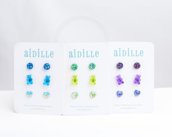 Girls Mini Earring Trio: Gummy Bear, Druzy, Heart - Titanium Posts