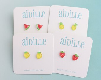 Lightweight Fruit Earrings, Shiny Lemon, Watermelon, Strawberry, or Pineapple Titanium Studs, Hypoallergenic for Sensitive Ears
