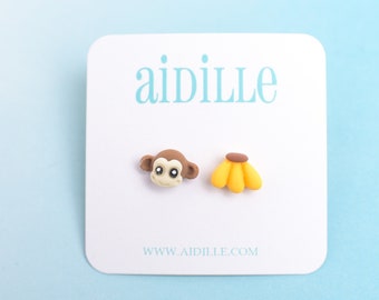 Little Monkey and Banana Earrings, Mini Resin Animal Titanium Studs, Cute Novelty Post Earrings for Sensitive Ears