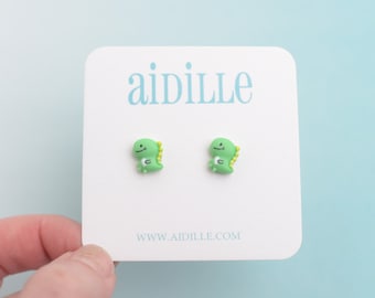 Green Dinosaur Earrings, Resin Prehistoric Creature Dino Titanium Studs, Fun Cartoon 10mm Animal Kids Posts for Sensitive Ears