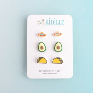 Cinco De Mayo Stud Earring Trio: Sombrero, Avocado, Taco - Titanium Posts